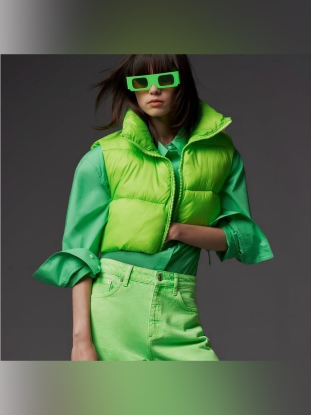 Zara Neon Green Cropped Puffer Vest